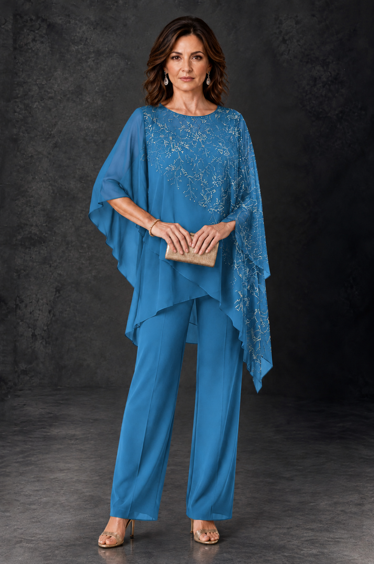 BOLODOO Blue Embellished Cape Pant Suit for Mother of the Bride - Blue - Blue_1