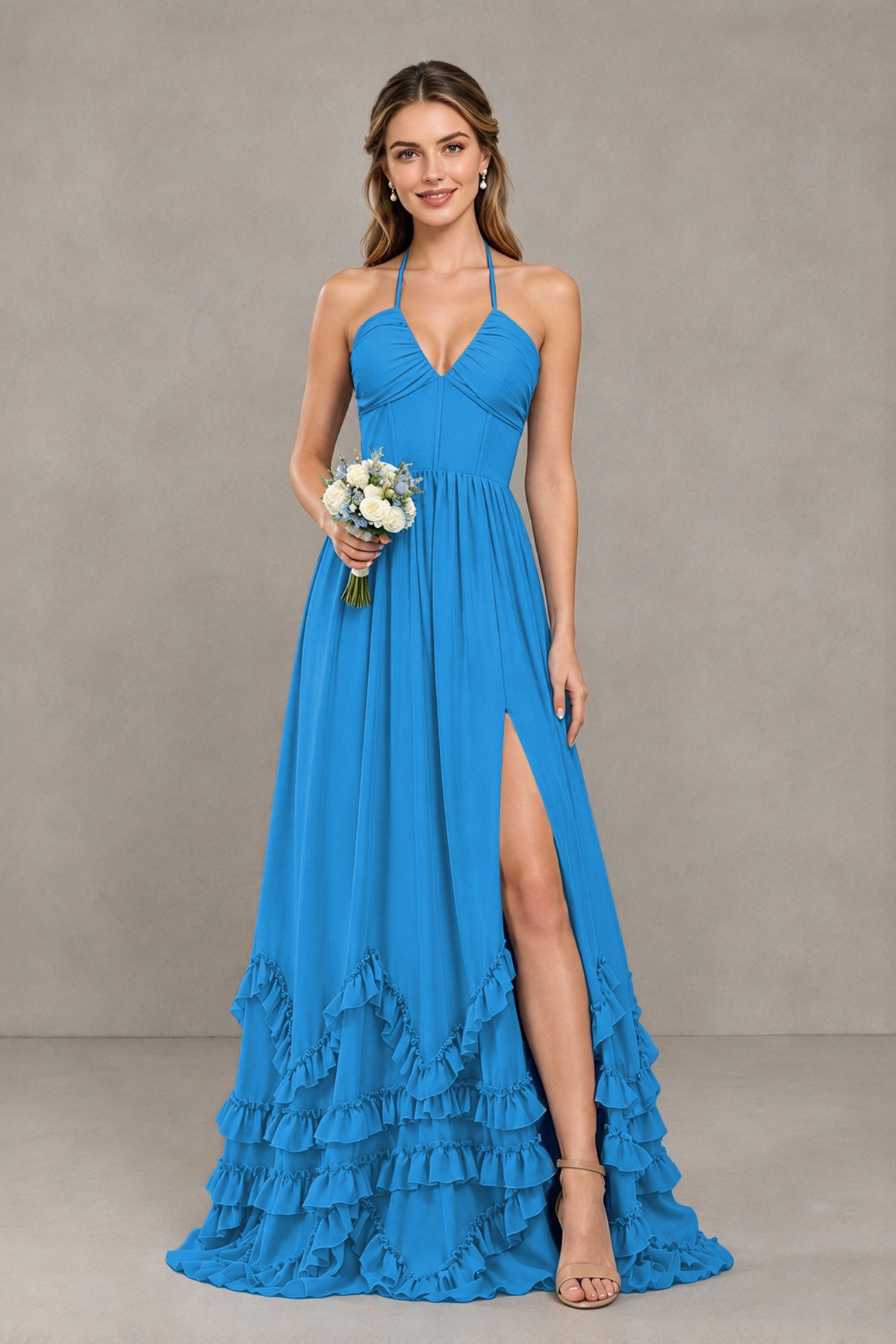BOLODOO Blue Halter Ruffle Hem A-Line Bridesmaid Dress with High Slit - Blue - Blue(1)