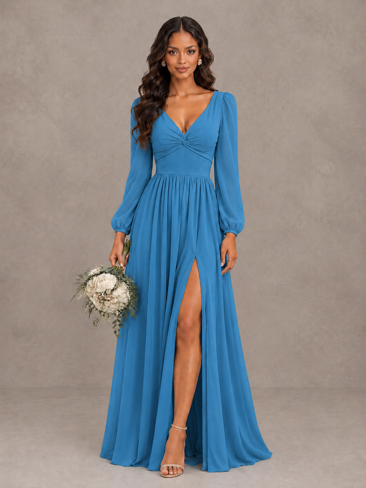 BOLODOO Blue V-Neck Long Sleeve Bridesmaid Dress with Tie Back and Slit - Blue - Blue_1