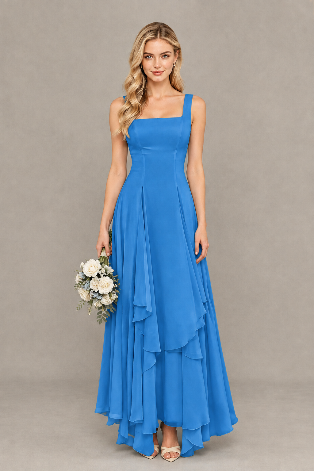 BOLODOO Blue Square Neck Chiffon Bridesmaid Dress with Lace-Up Back - Blue