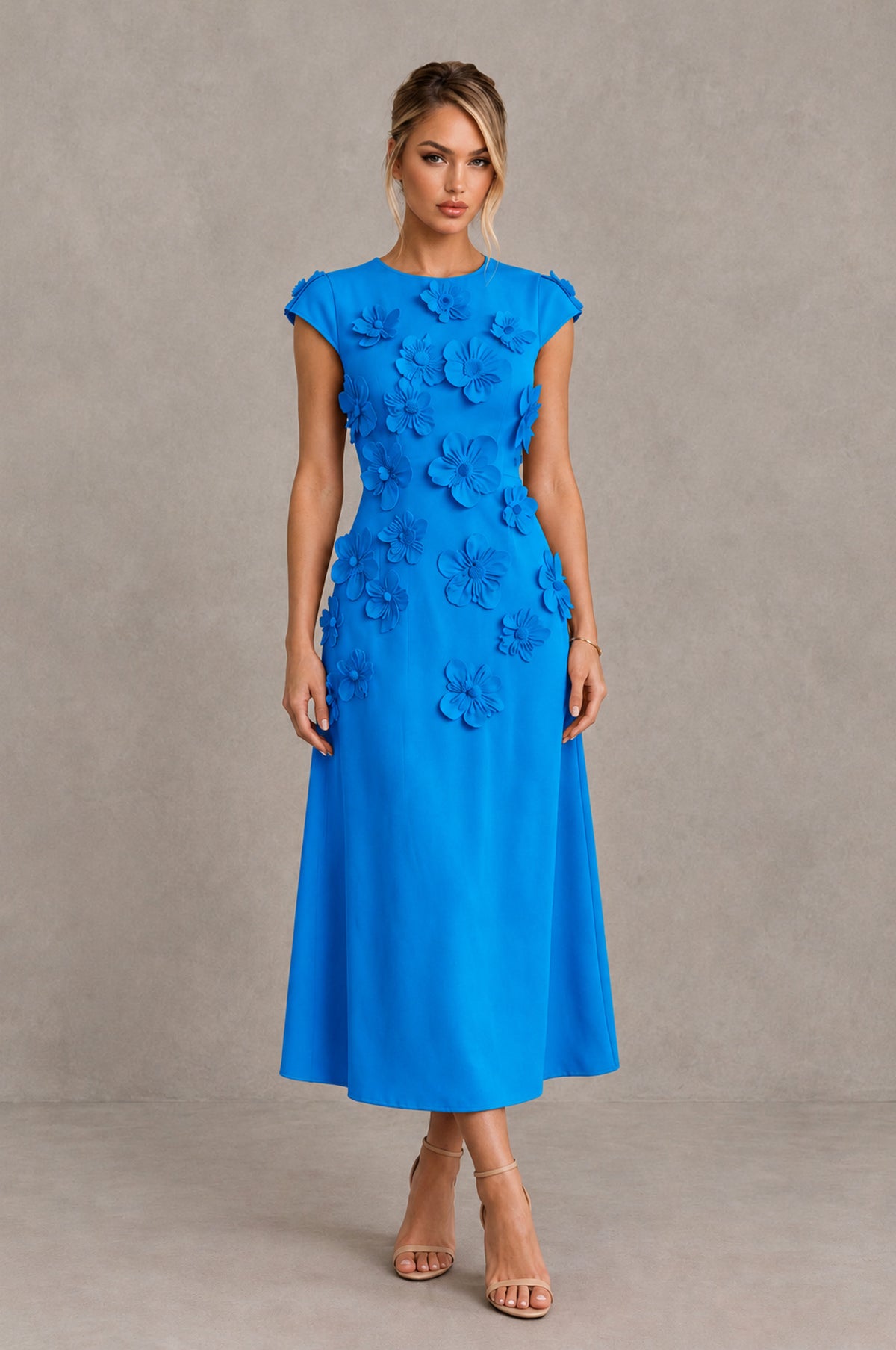 BOLODOO Blue 3D Floral Cap Sleeve Midi Cocktail Dress - Blue - Blue_1