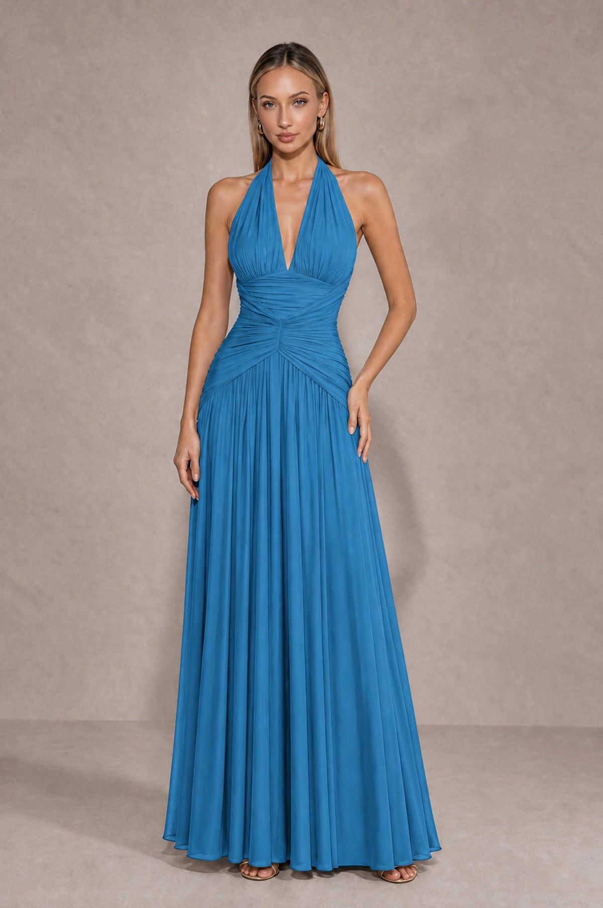 BOLODOO Blue Chiffon Halter Deep V-Neck Ruched A-Line Backless Maxi Dress with Train-BD0167 - Blue - Blue_1
