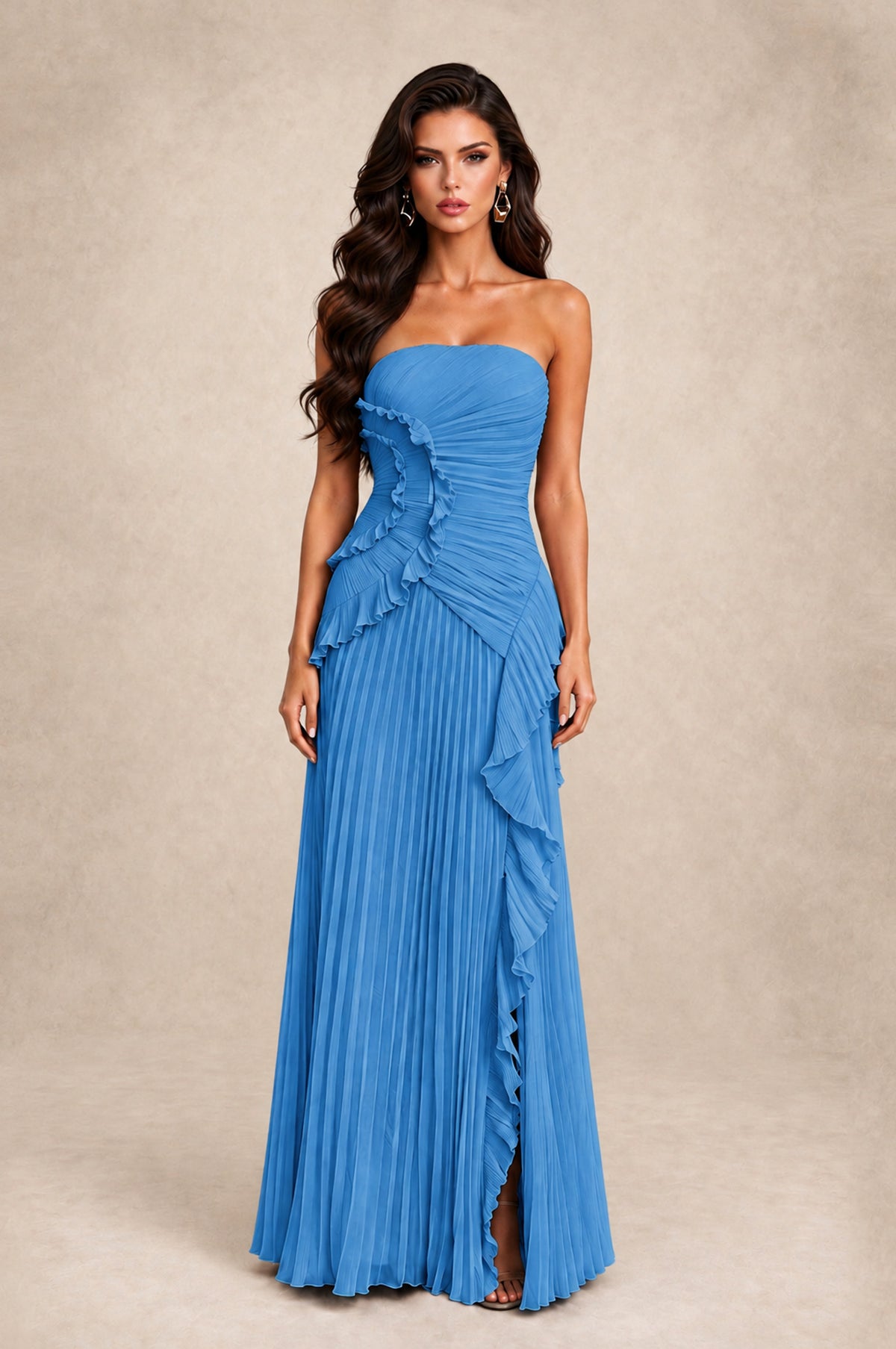 BOLODOO Blue Strapless Ruffle Pleated Slit Evening Gown - Blue - Blue_1