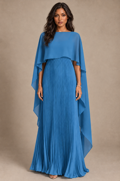 BOLODOO Blue Pleated Cape A-Line Evening Dress - Blue - Blue_1