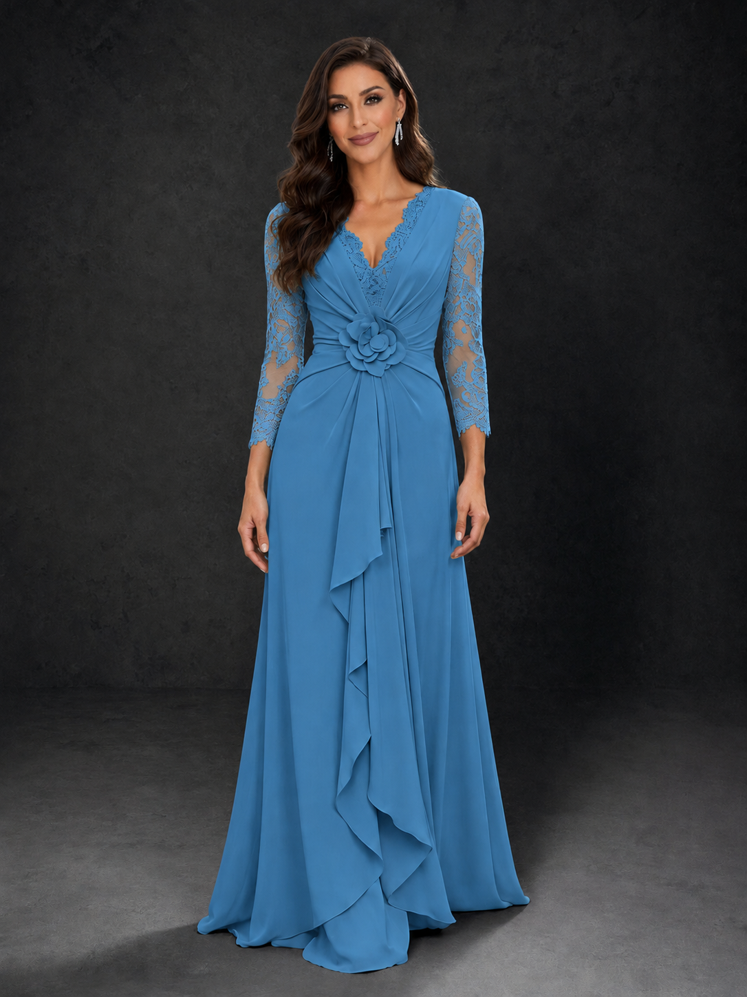 BOLODOO Blue Lace Sleeve V-Neck Floral Waist Chiffon A-Line Maxi Dress - Blue