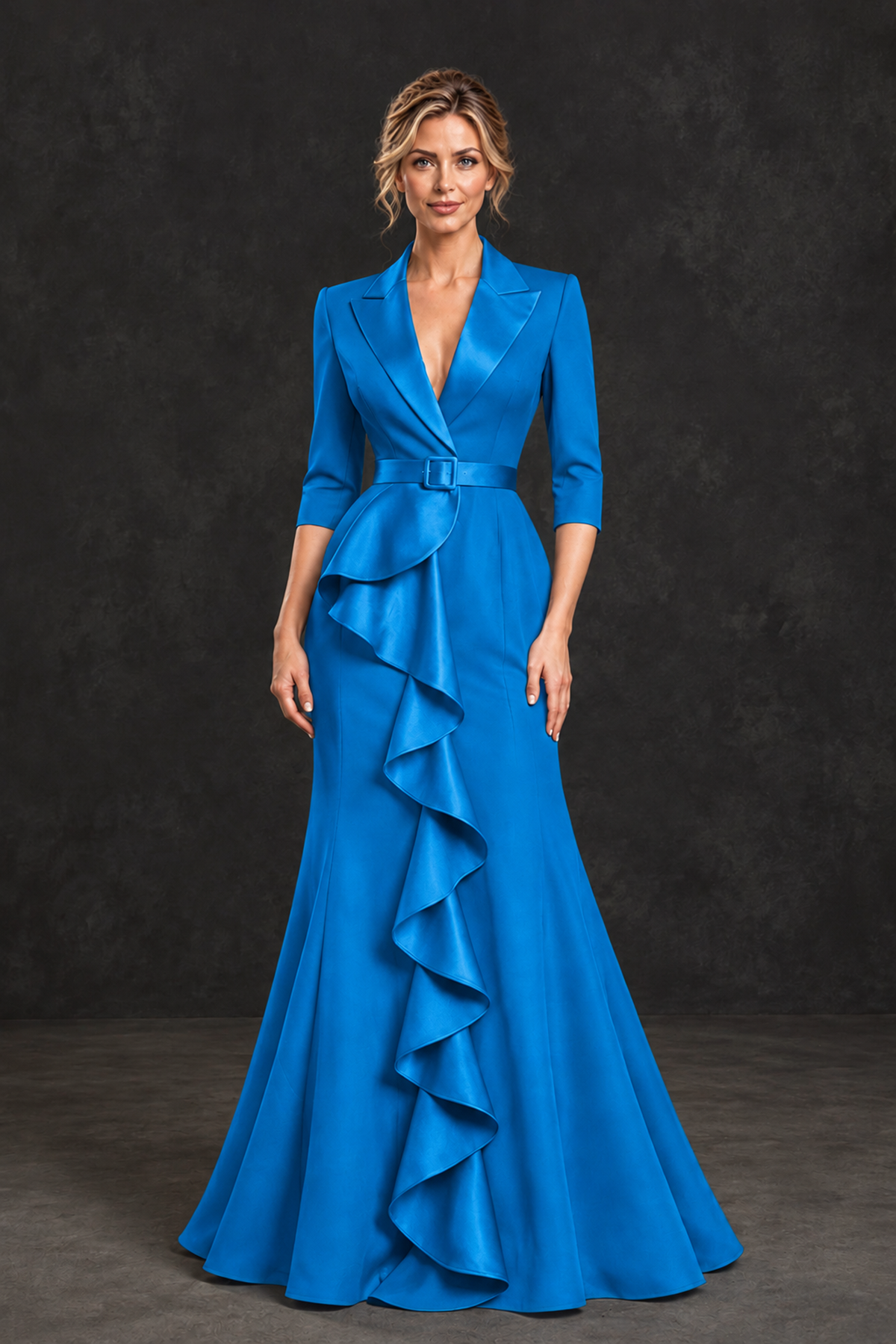 BOLODOO Blue Lapel Ruffle Mother of the Bride Dress with Belt - Blue - Blue_1