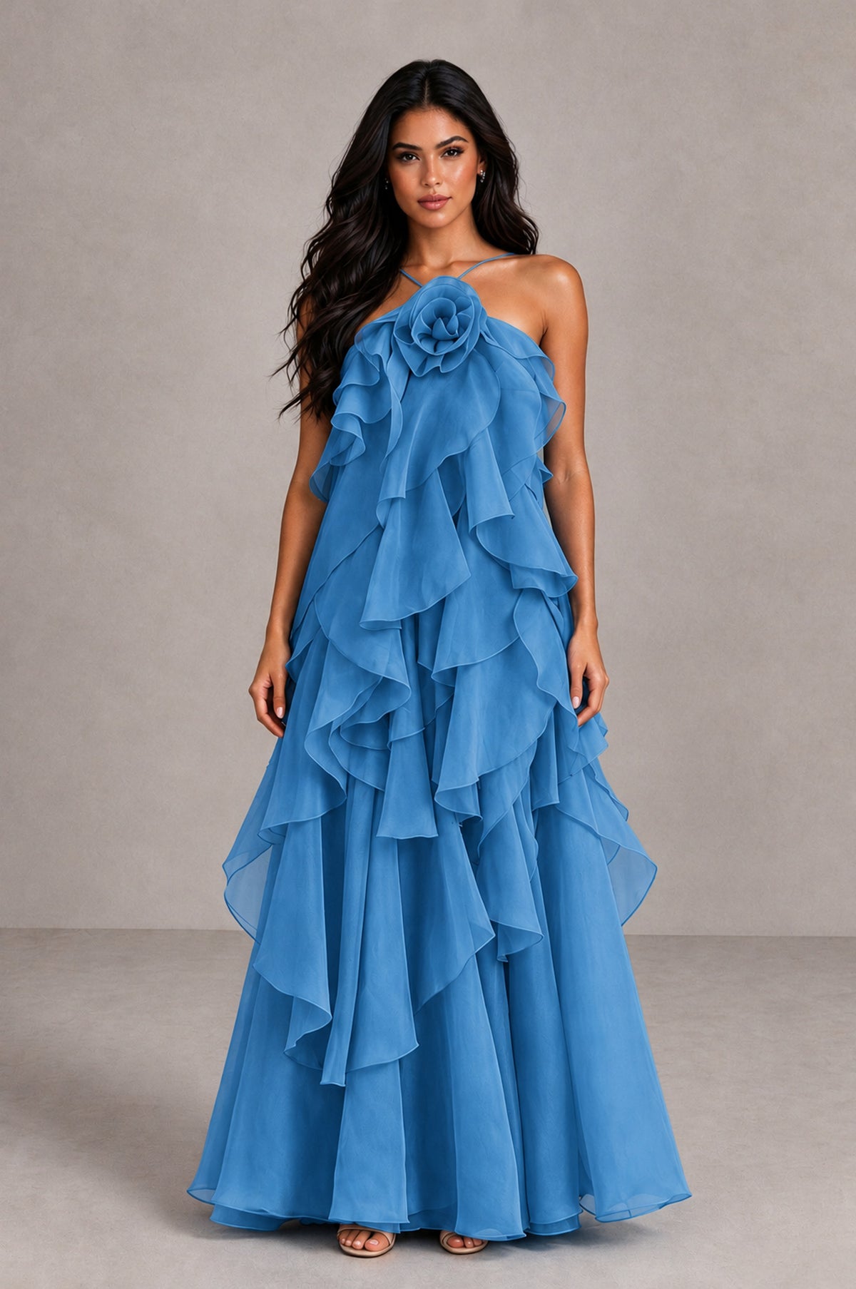 BOLODOO Blue Cascading Ruffle Rosette Open-Back Maxi Dress - Blue - Blue_1