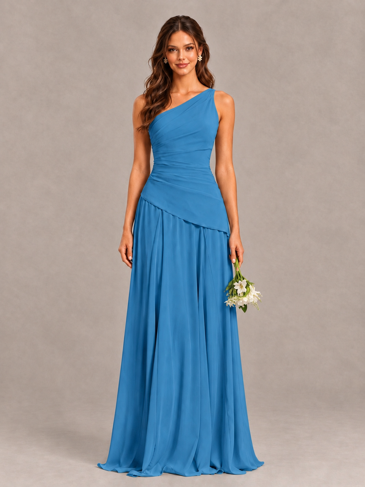 BOLODOO Blue One-Shoulder Lace-Up Back Bridesmaid Dress - Blue - Blue_1