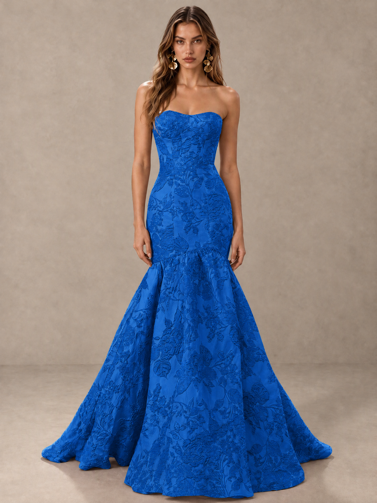 BOLODOO Blue Floral Strapless Mermaid Prom Dress with Train - Blue - Blue_1