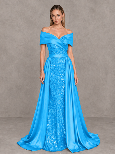 BOLODOO Blue Sequin Mermaid Evening Dress with Detachable Satin Overskirt and Sweep Train - Blue - Blue_1