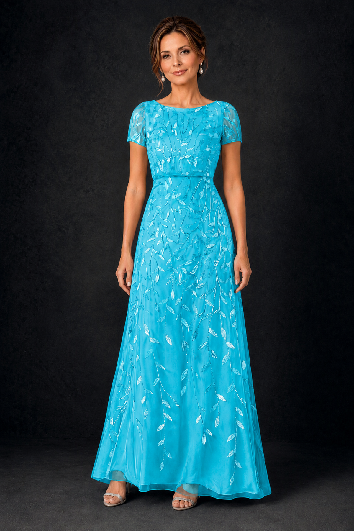 BOLODOO Blue Leaf Embroidered A-Line Formal Gown with Cap Sleeves - Blue - Blue_1