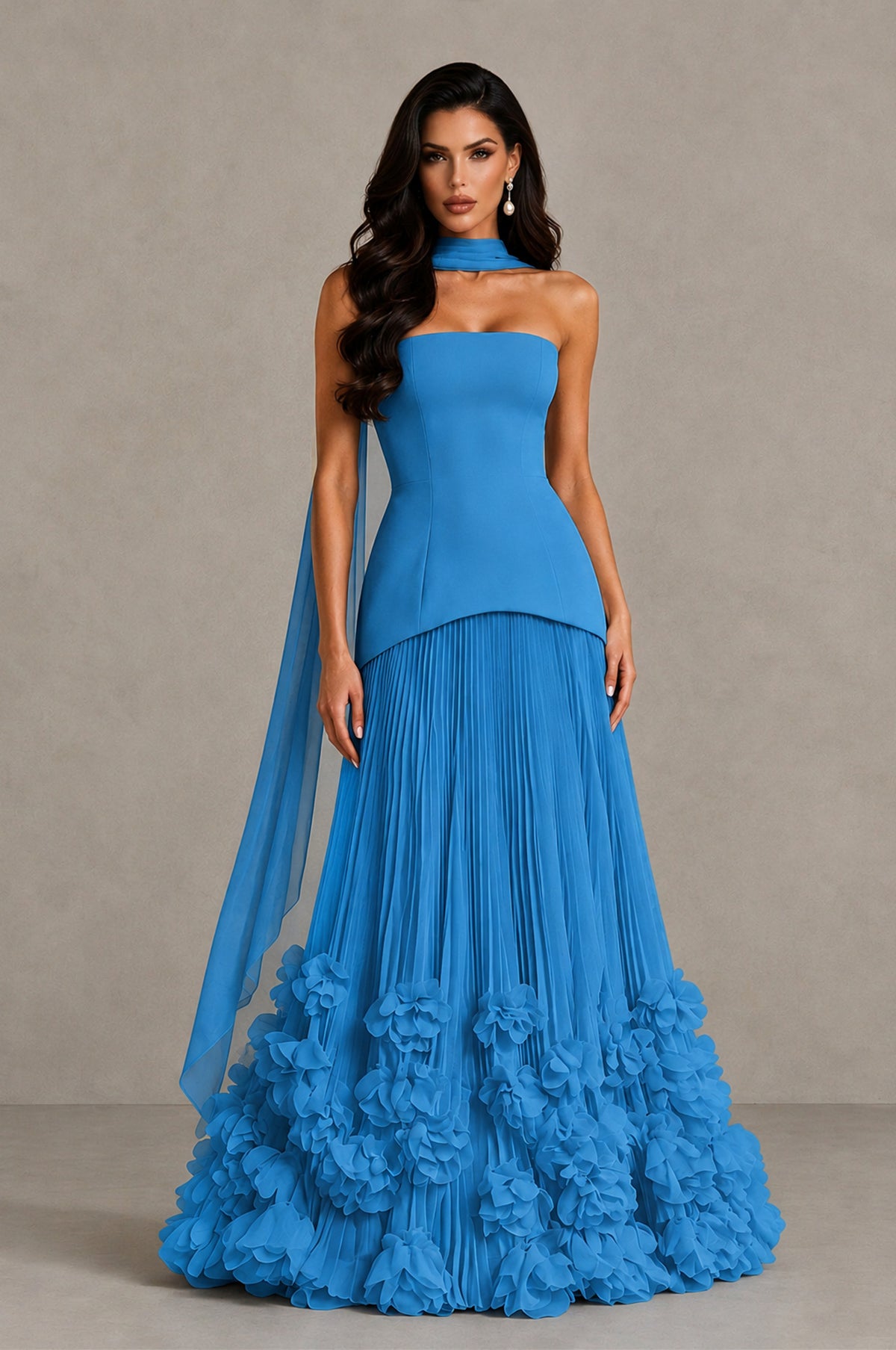 BOLODOO Blue Strapless Pleated Floral Hem Evening Gown - Blue - Blue_1