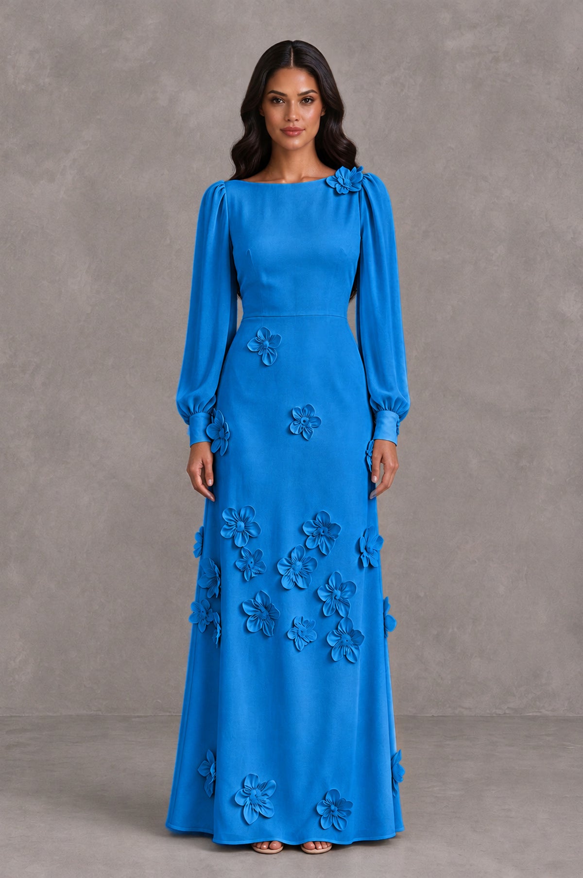 BOLODOO Blue Long Sleeve Floral Applique A-Line Evening Dress - Blue - Blue_1