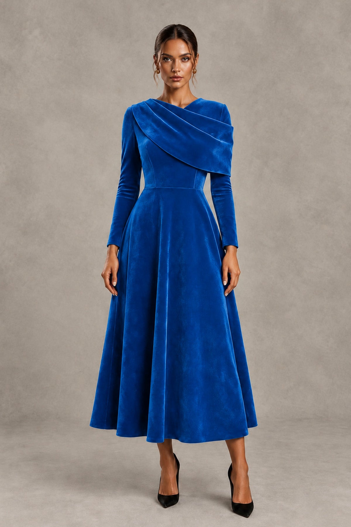 BOLODOO Blue Velvet-Look Long Sleeve Tea-Length A-Line Dress with Draped Neckline - Blue - Blue_1