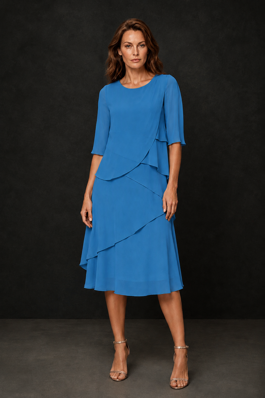BOLODOO Blue Chiffon 3/4 Sleeve Asymmetric Tiered Tea Length Dress | Mother of the Bride Midi Dress - Blue