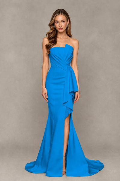BOLODOO Blue Strapless Mermaid Evening Dress with Ruffle Slit and Train - Blue - Blue_1