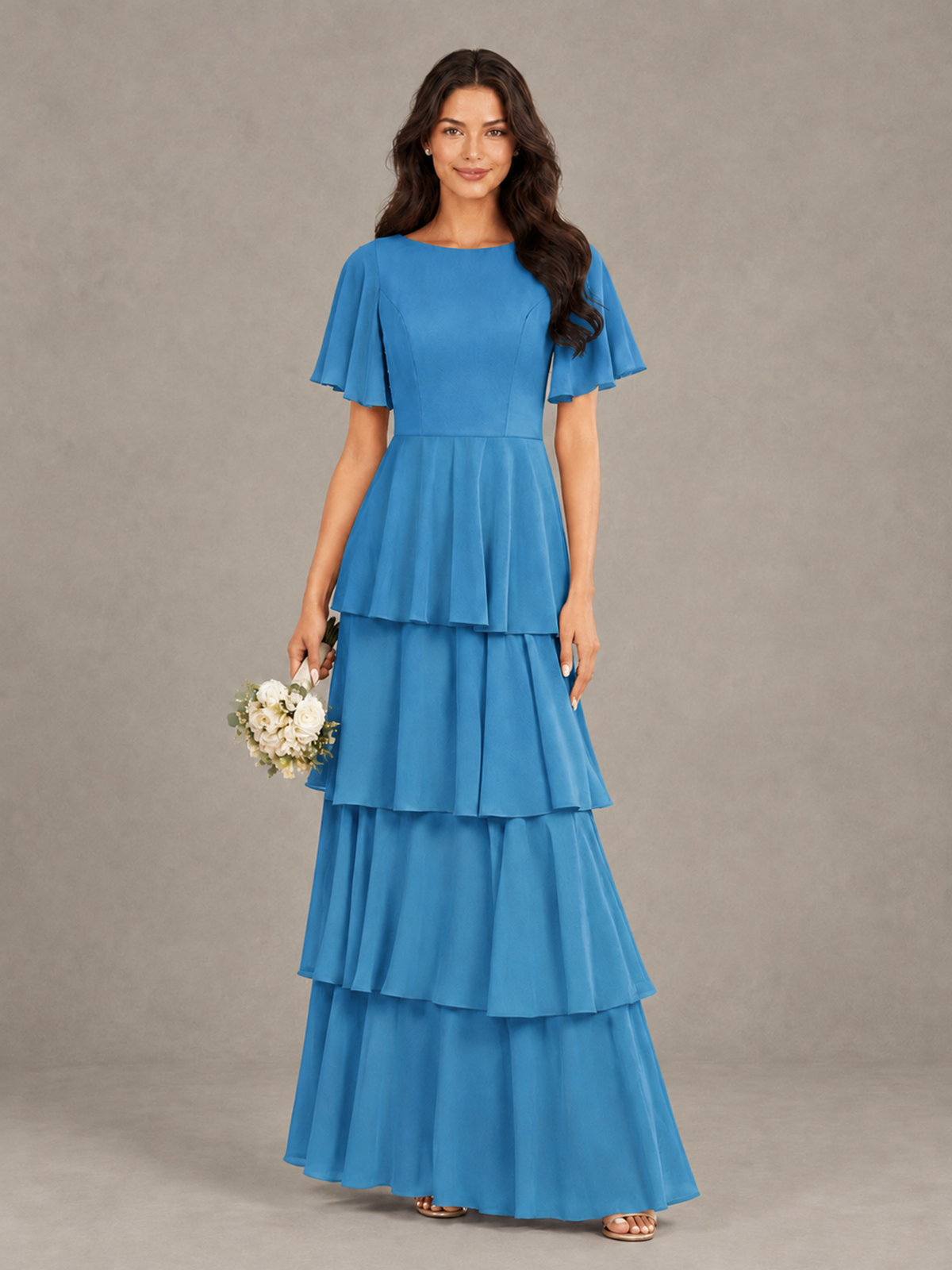 BOLODOO Blue Tiered Flutter Sleeve Bridesmaid Dress - Blue - Blue_1