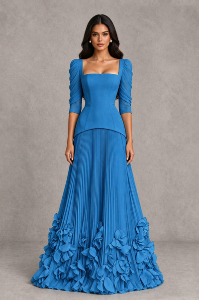 BOLODOO Blue Square Neck Pleated Floral Applique Evening Dress - Blue - Blue_1