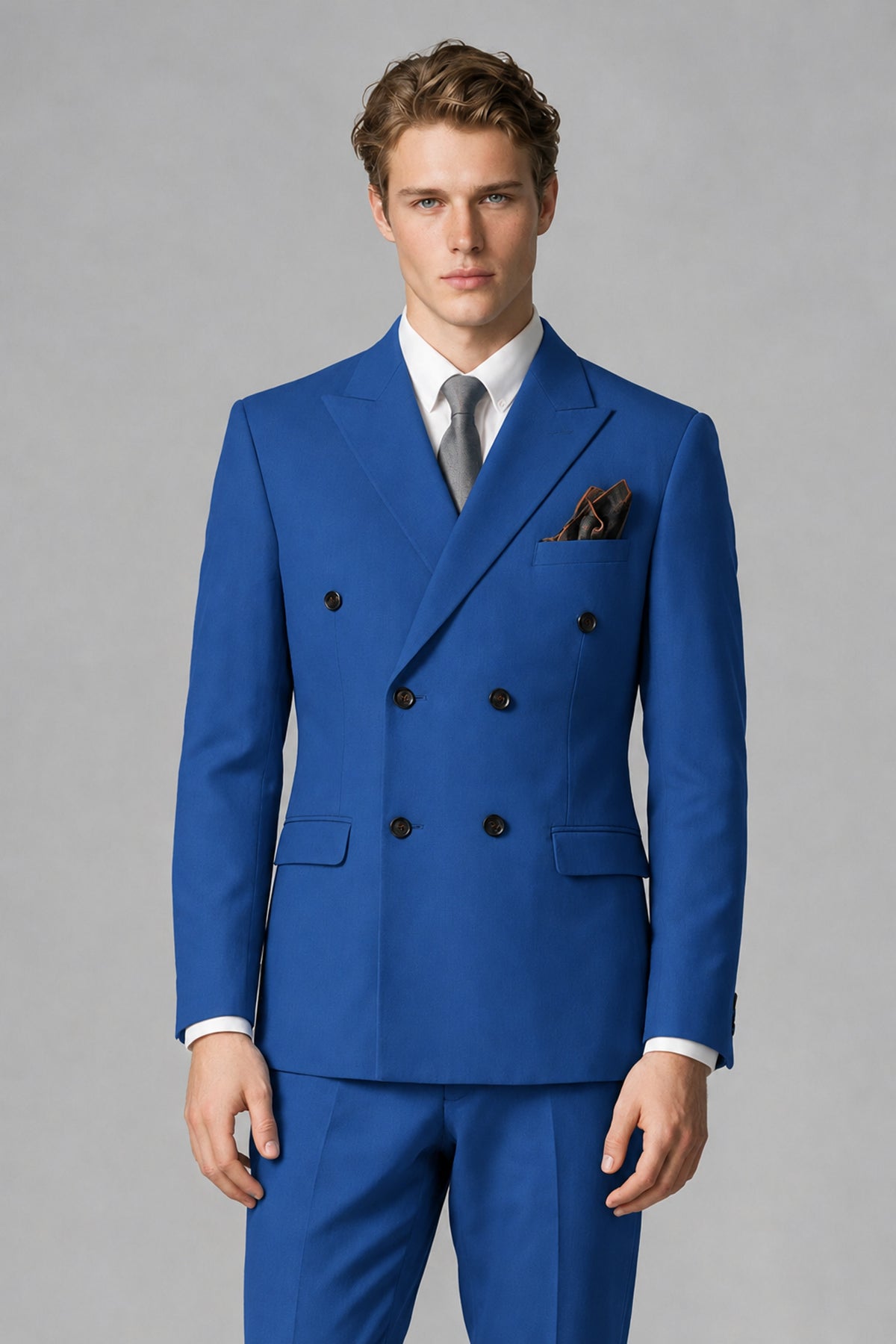 Bolodoo Men's Blue Double-Breasted Two-Piece Suit with Peak Lapels - Blue - Blue_1