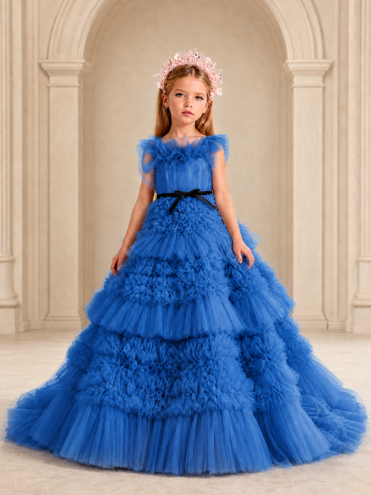 BOLODOO Blue Tiered Tulle Flower Girl Dress with Floral Appliques - Blue - Blue_1