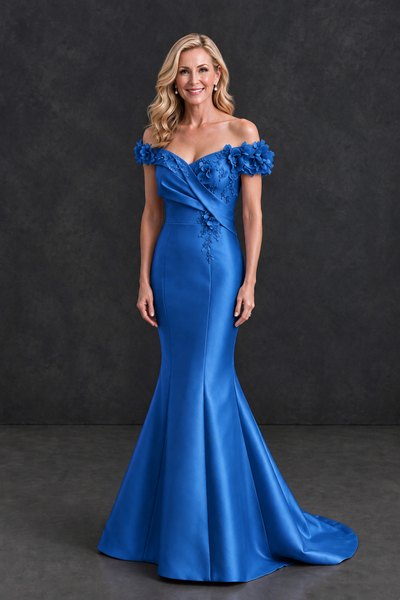 BOLODOO Blue Off-Shoulder Floral Mermaid Mother of the Bride Dress - Blue - Blue_1