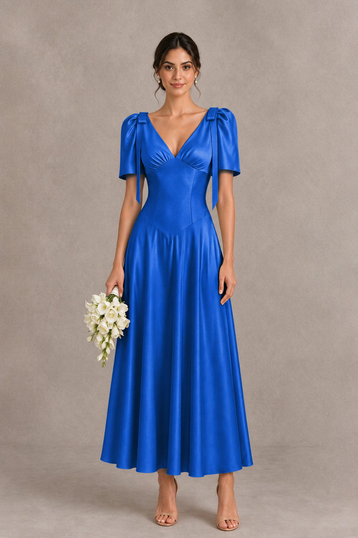 BOLODOO Blue V-Neck Short Sleeve Satin-Look Bridesmaid Dress with Shoulder Bows - Blue - Blue_1