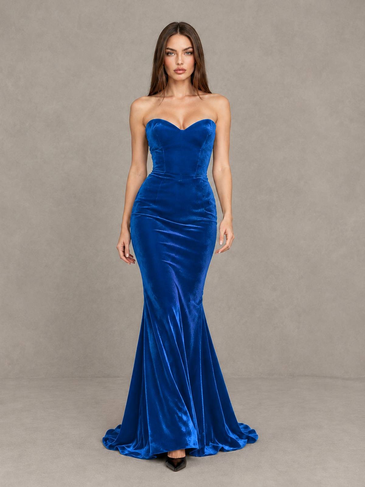 BOLODOO Blue Strapless Sweetheart Velvet-Look Mermaid Evening Dress - Blue - Blue_1