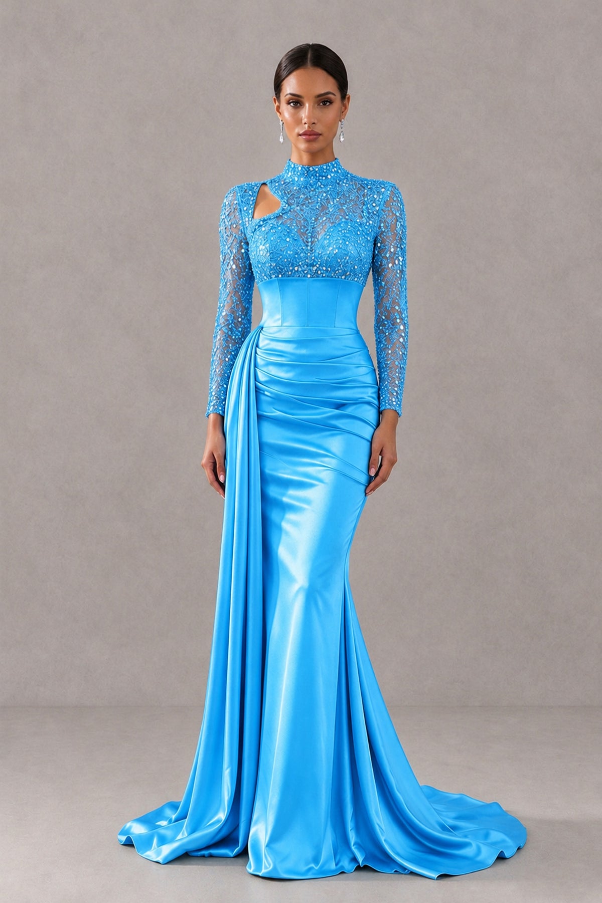 BOLODOO Blue Long Sleeve Embellished Satin Mermaid Evening Gown - Blue - Blue_1