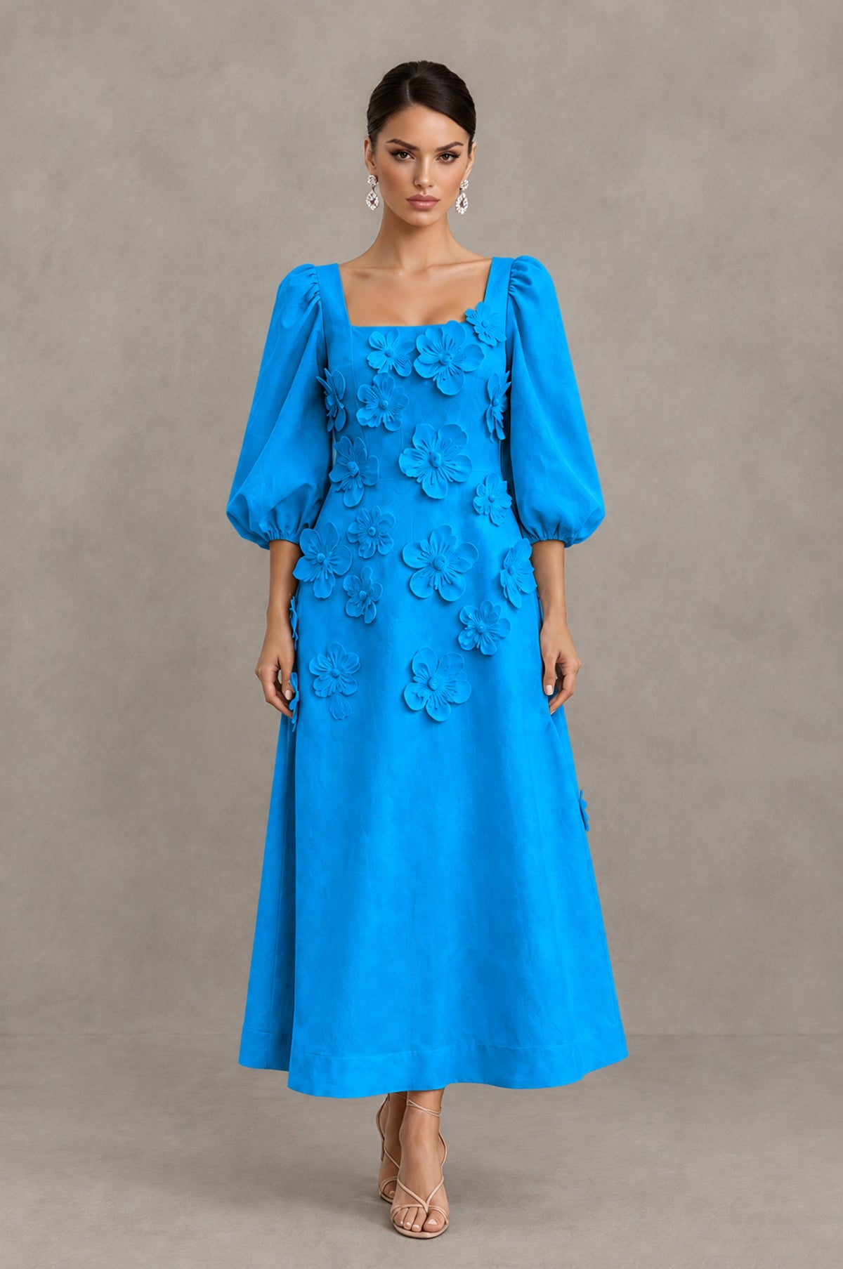 BOLODOO Blue 3D Floral Puff Sleeve Midi Cocktail Dress - Blue - Blue_1