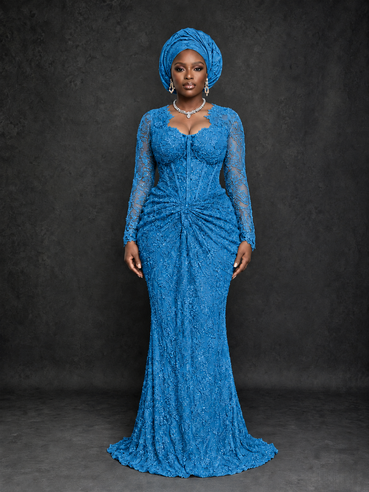 BOLODOO Blue Beaded Lace Long Sleeve Mermaid Gown Sweetheart | Mother of the Bride - Blue - Blue_1
