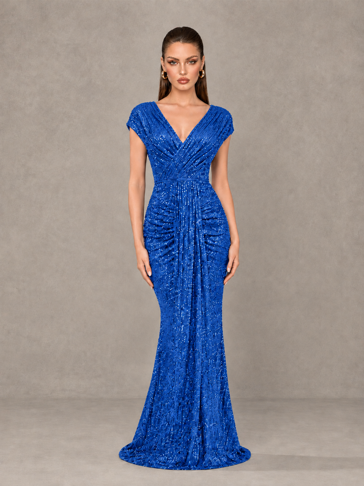 BOLODOO Blue Glitter V-Neck Cap Sleeve Ruched Mermaid Evening Gown - Blue - Blue_1
