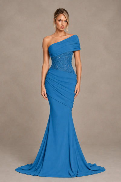 BOLODOO Blue One-Shoulder Sequin Embroidered Ruched Mermaid Gown with Train - Blue - Blue_1