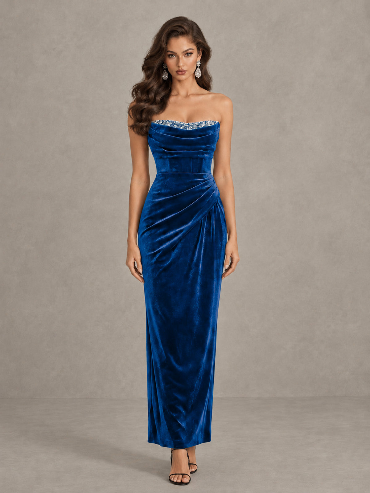 BOLODOO Blue Strapless Velvet Cocktail Maxi Dress - Blue - Blue_1
