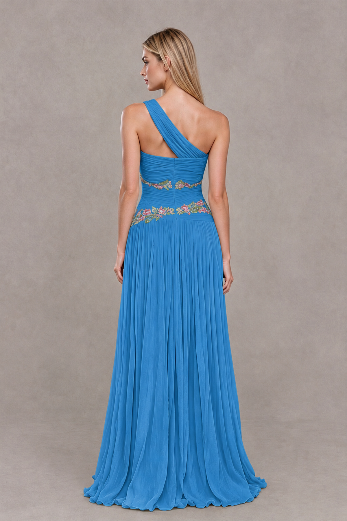 BOLODOO Blue One-Shoulder Floral Applique A-Line Evening Dress - Blue - Blue_2