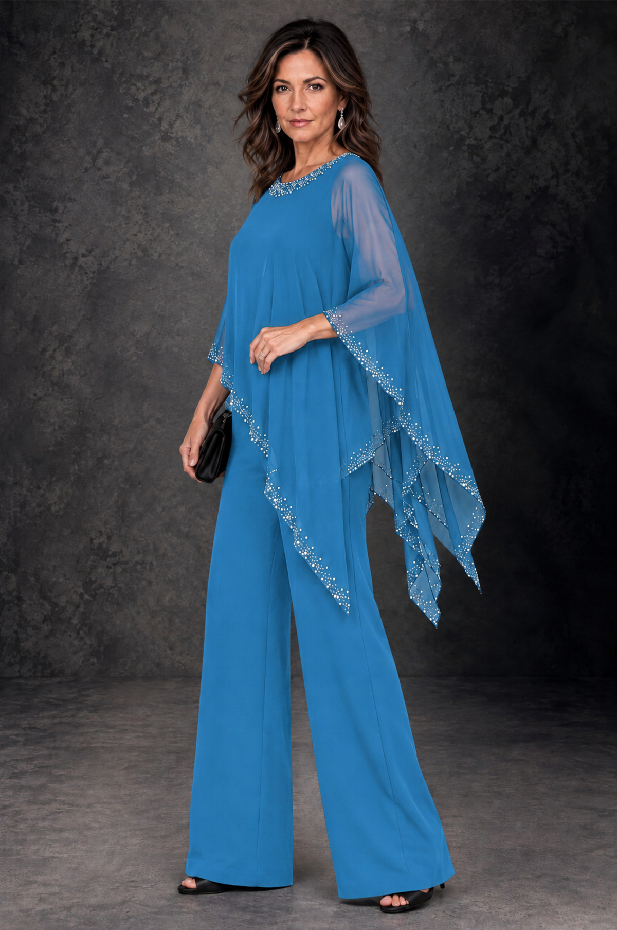BOLODOO Blue Embellished Cape Mother of the Bride Pantsuit - Blue - Blue_2