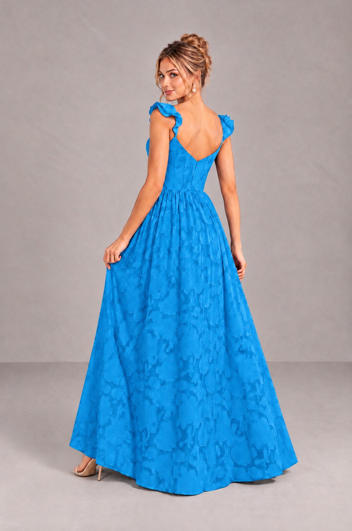BOLODOO Blue Floral A-Line Bridesmaid Dress with Slit Ruffle Straps Maxi Gown - Blue - Blue_2