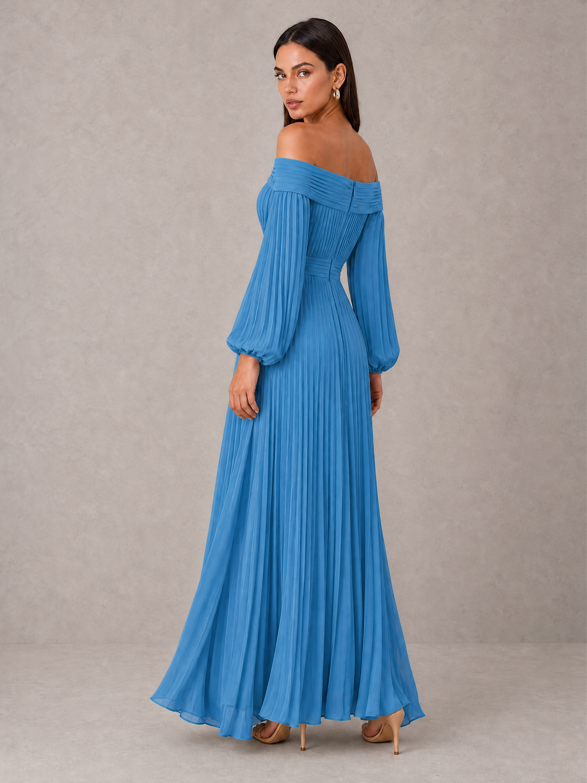 BOLODOO Blue Off-Shoulder Long Sleeve Pleated High-Low Dress - Blue - Blue_2