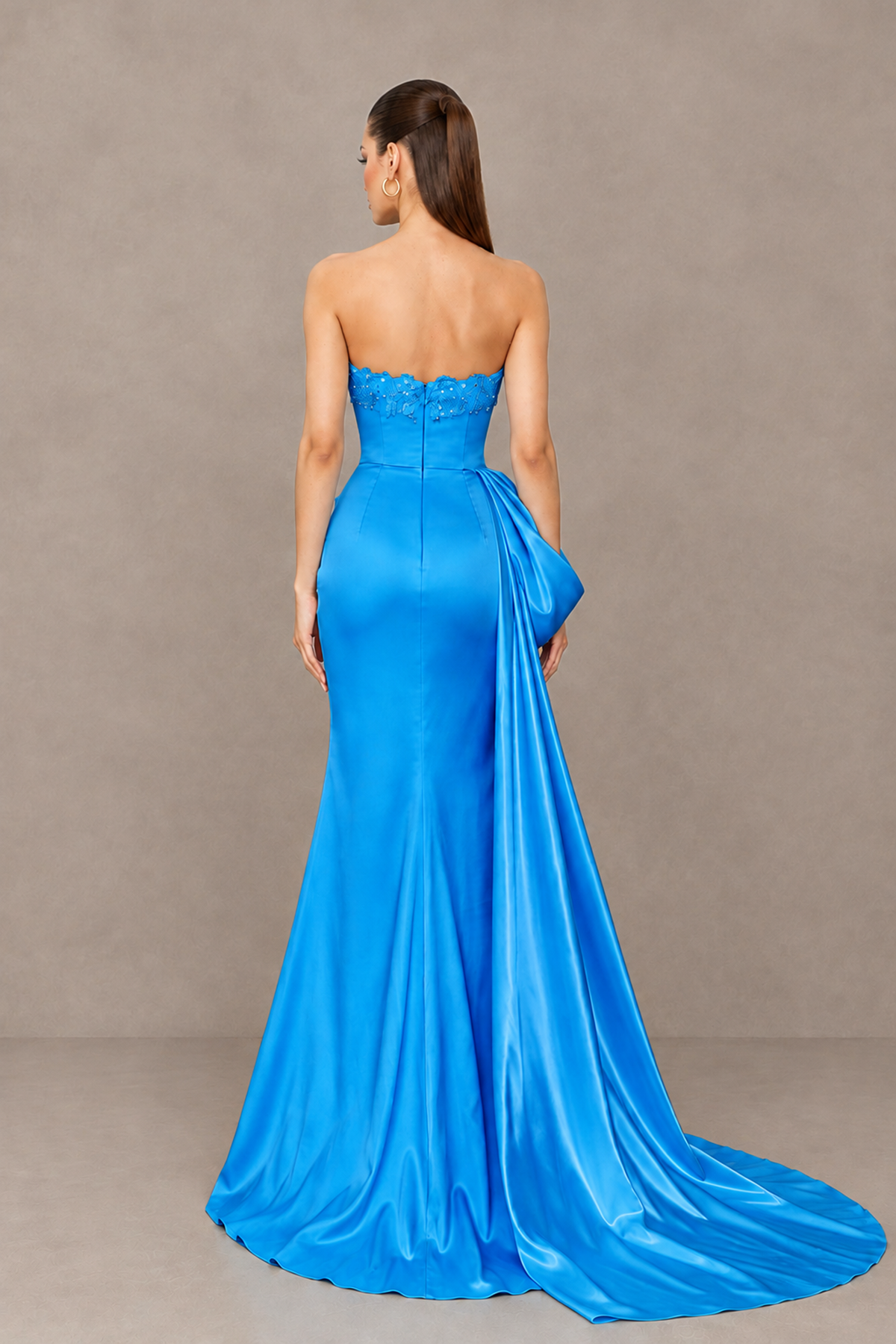 BOLODOO Blue Strapless Satin Prom Dress with Draped Side Train - Blue - Blue_2
