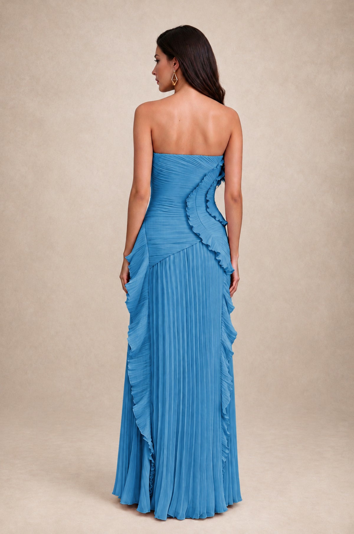 BOLODOO Blue Strapless Ruffle Pleated Slit Evening Gown - Blue - Blue_2