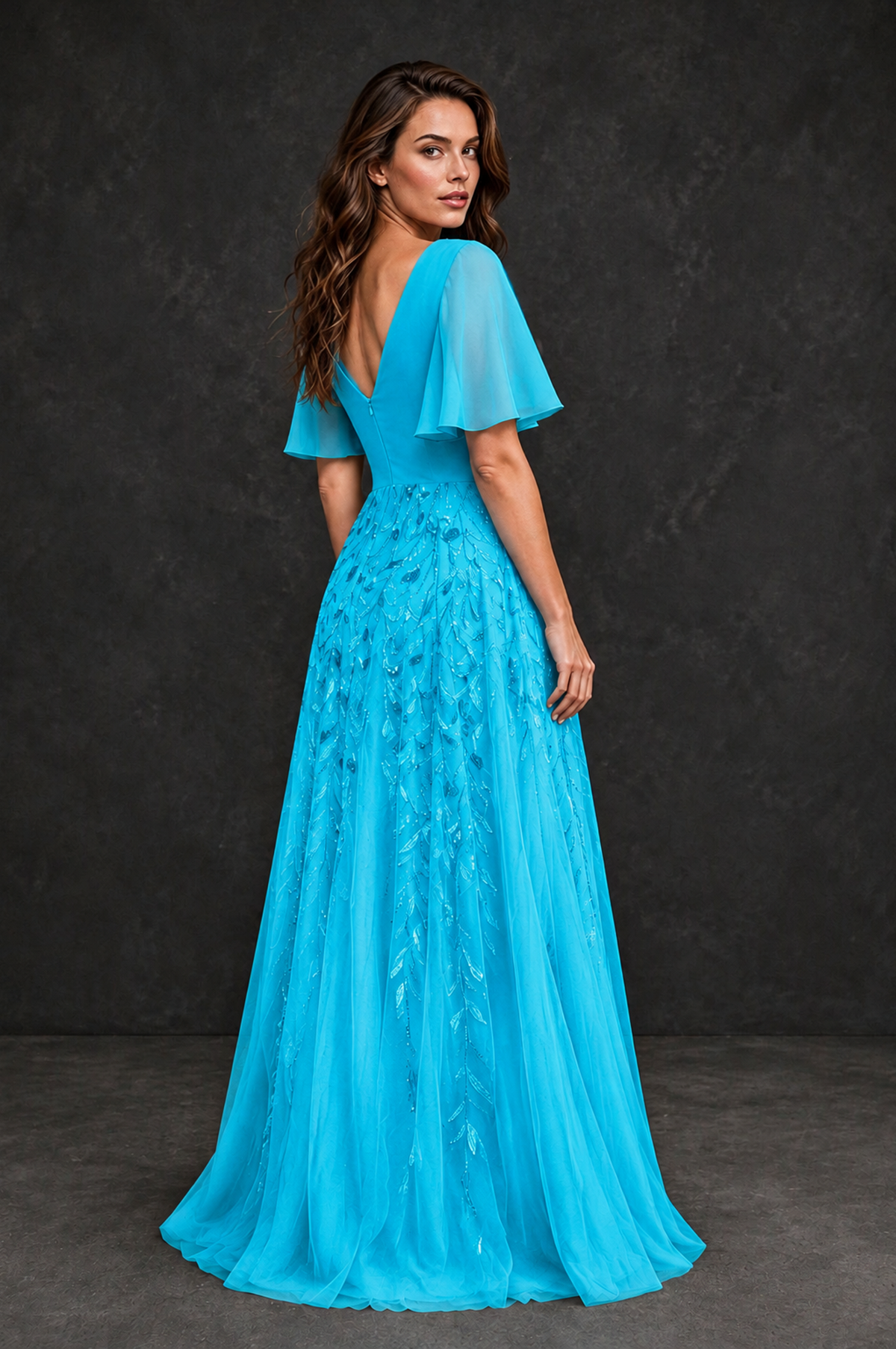 BOLODOO Blue V-Neck Flutter Sleeve Beaded Botanical Tulle A-Line Gown | Mother of the Bride Evening Dress - Blue - Blue_2