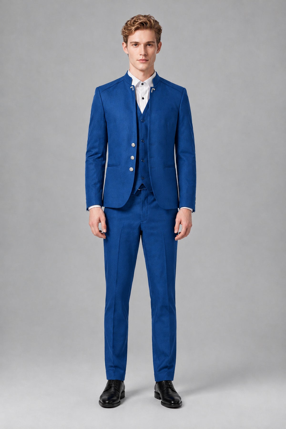 Bolodoo Men's Blue Mandarin Collar 3-Piece Suit – Jacket, Vest & Trousers - Blue - Blue_2