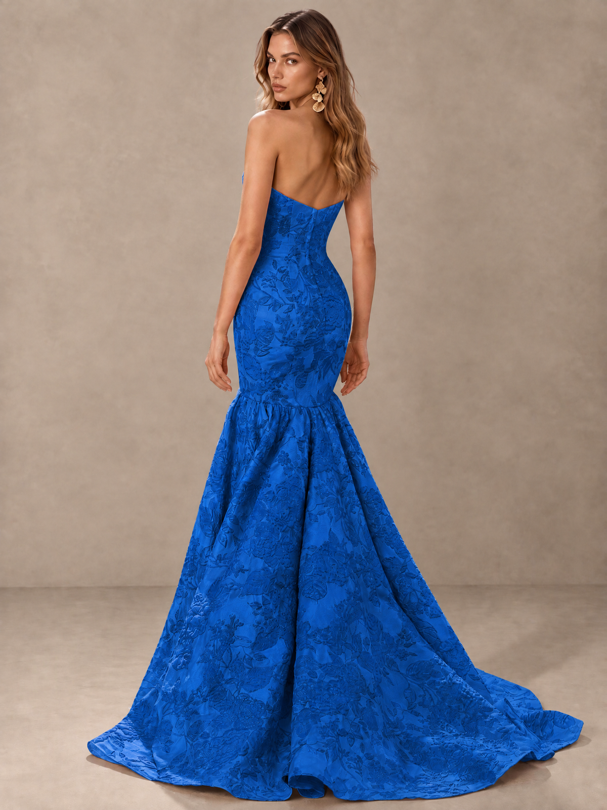 BOLODOO Blue Floral Strapless Mermaid Prom Dress with Train - Blue - Blue_2