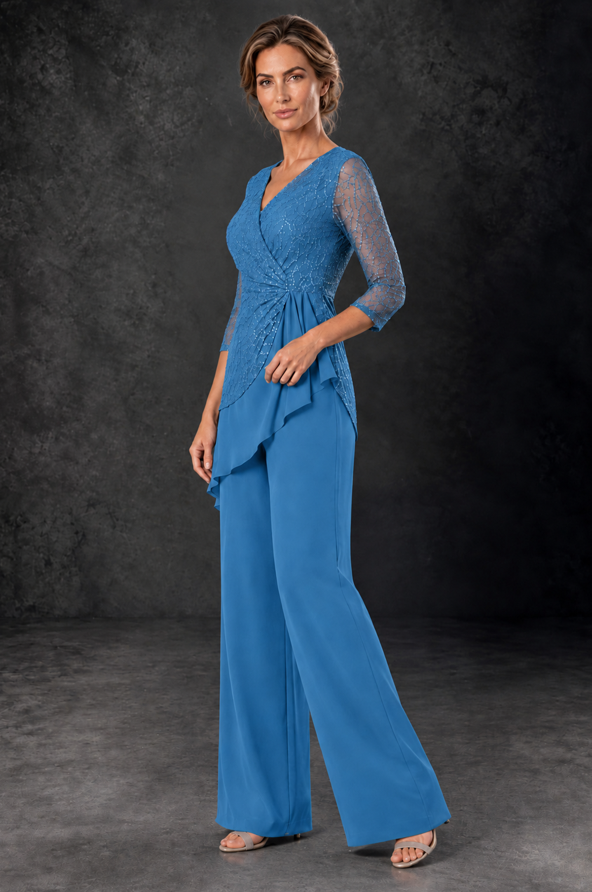 BOLODOO Blue Sequin Lace 3/4 Sleeve Chiffon Mother of the Bride Pant Suit - Blue - Blue_2