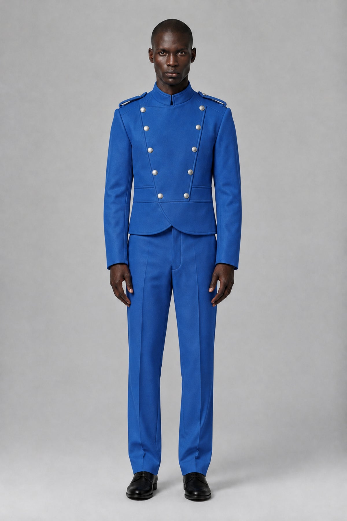 Bolodoo Men's Blue Military-Inspired Two-Piece Suit with Stand Collar - Blue - Blue_2