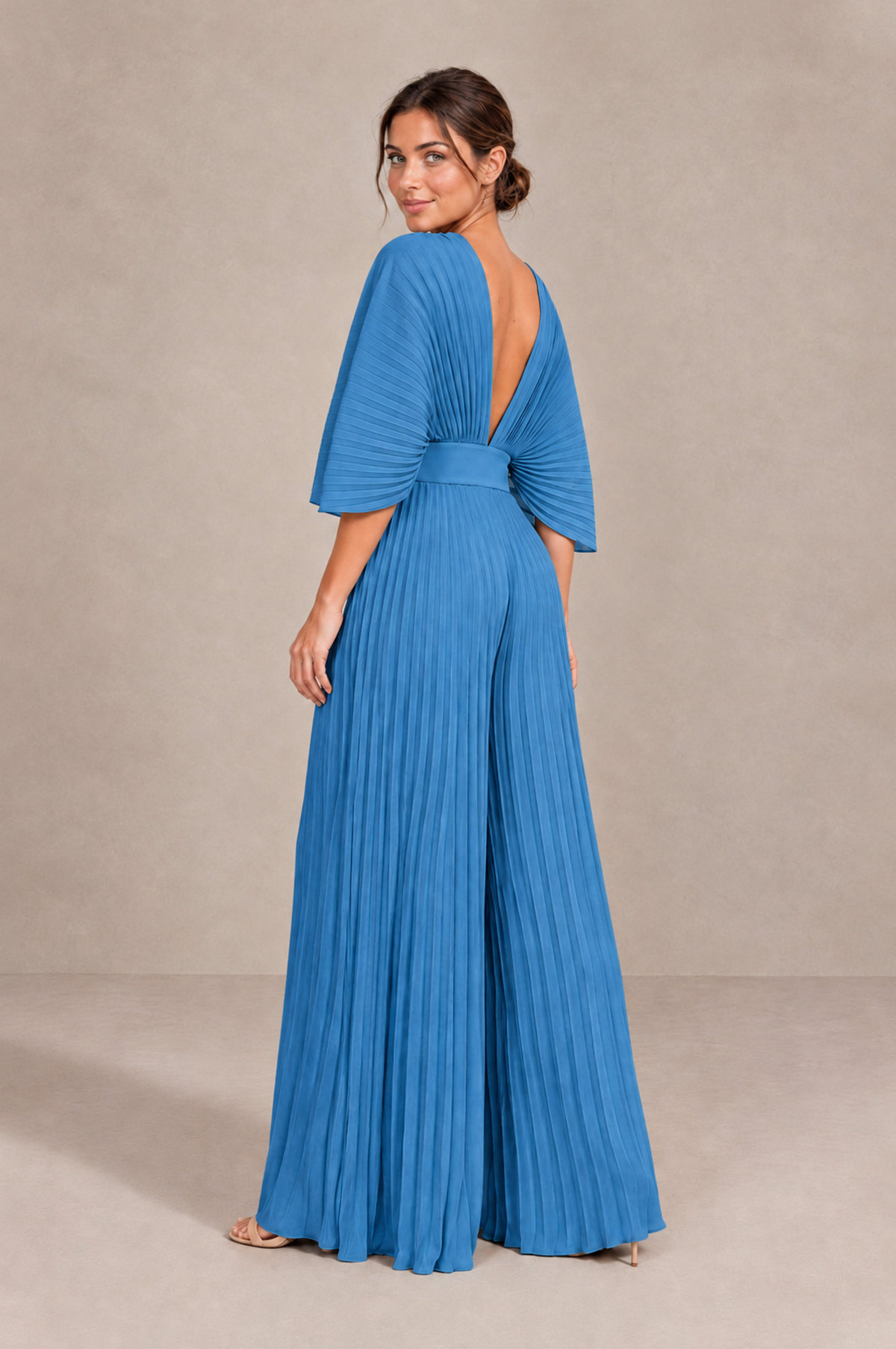 BOLODOO Blue Pleated Wide-Leg Mother of Bride Pantsuit with V-Neck Chiffon Maxi Gown - Blue - Blue_2