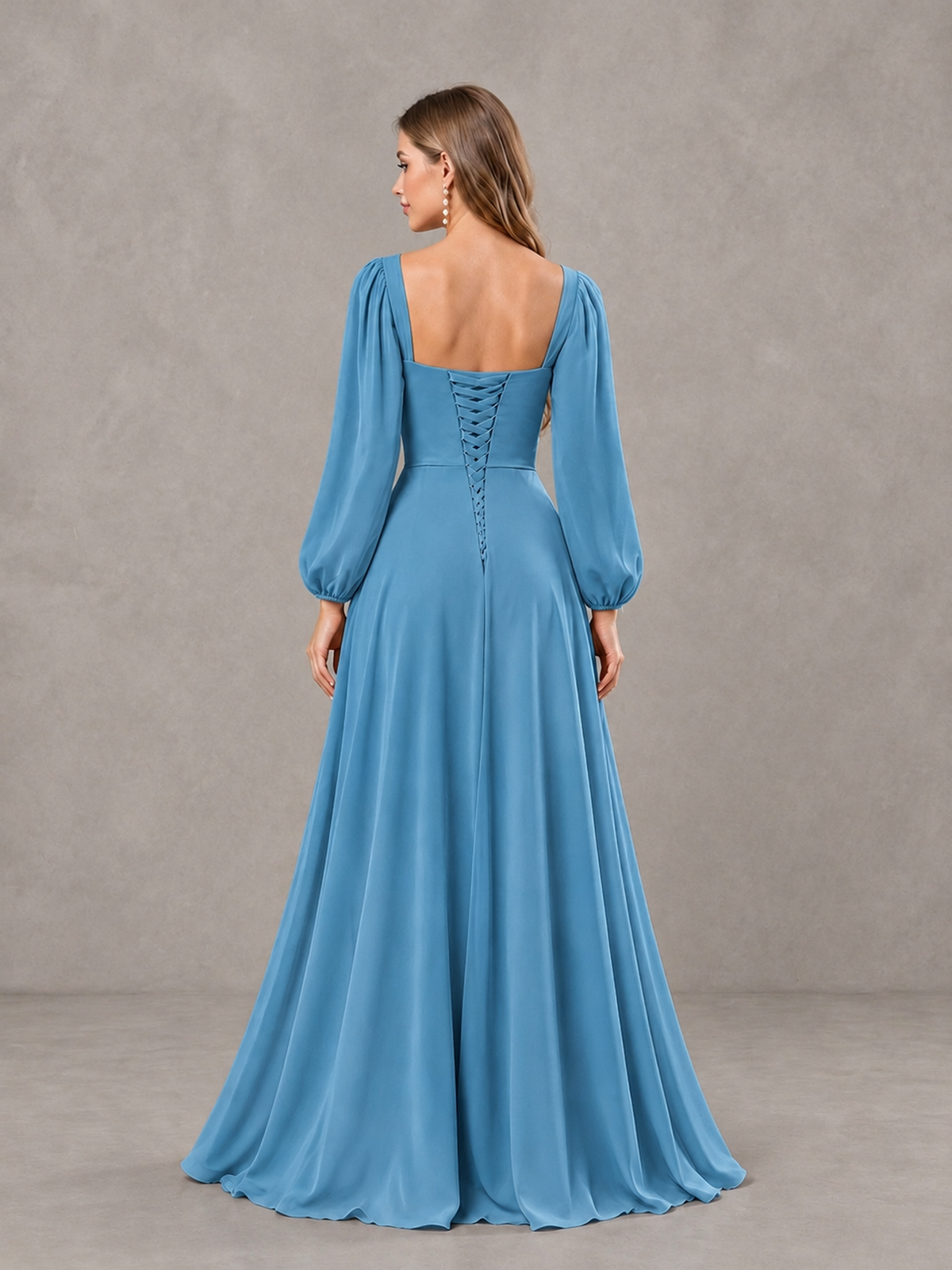 BOLODOO Blue Square Neck Long Sleeve Bridesmaid Dress with Ruffle Slit - Blue - Blue_2
