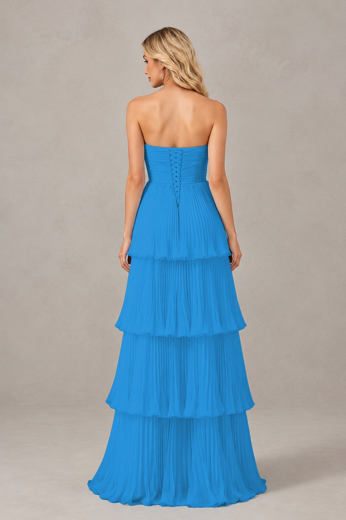 BOLODOO Blue Strapless Tiered Chiffon Maxi Dress - Blue