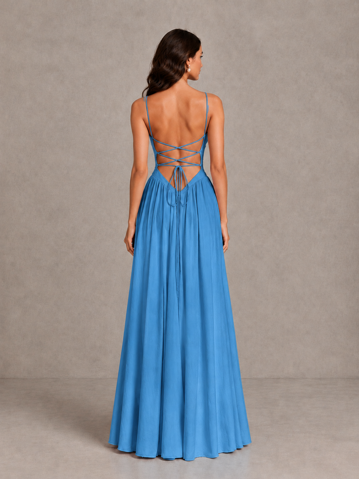 BOLODOO Blue Lace-Up Back A-Line Bridesmaid Dress - Blue - Blue_2