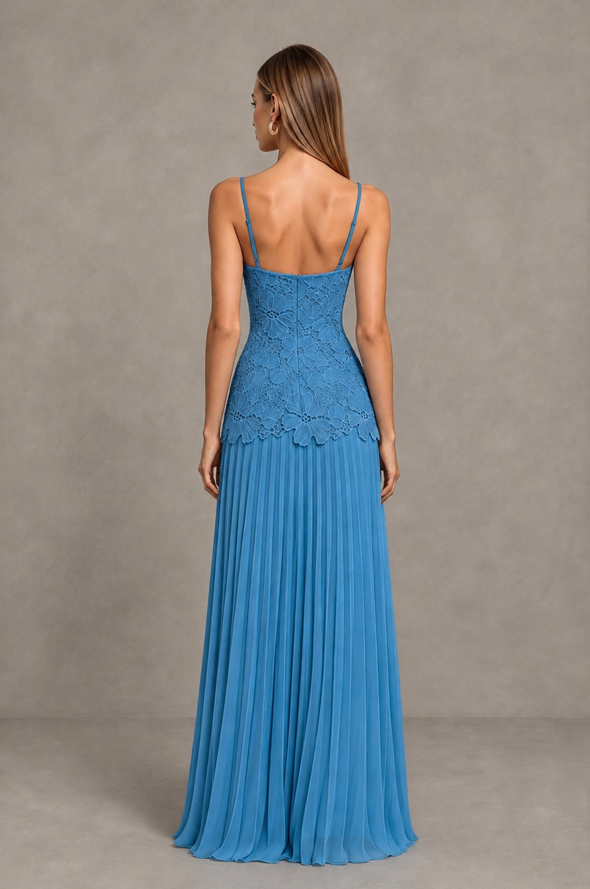 BOLODOO Blue Lace Bodice Pleated Wedding Guest Dress - Blue - Blue_2