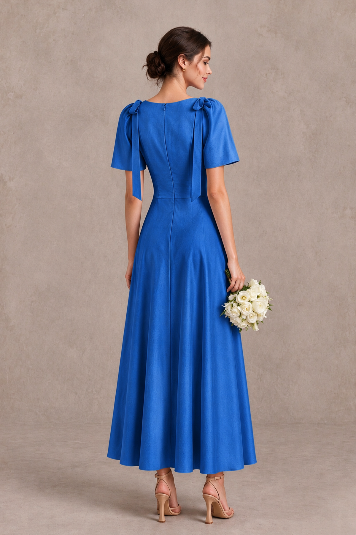 BOLODOO Blue V-Neck Short Sleeve Satin-Look Bridesmaid Dress with Shoulder Bows - Blue - Blue_2
